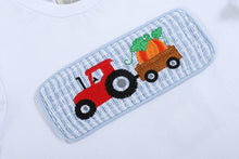Load image into Gallery viewer, Tractor Pumpkin Smocked White Shirt and Blue Seersucker Pants Set - Lil Cactus
