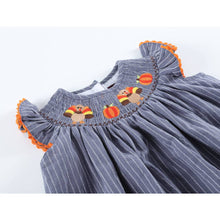 Load image into Gallery viewer, Smocked Turkey &amp; Pumpkins Thanksgiving Dress
