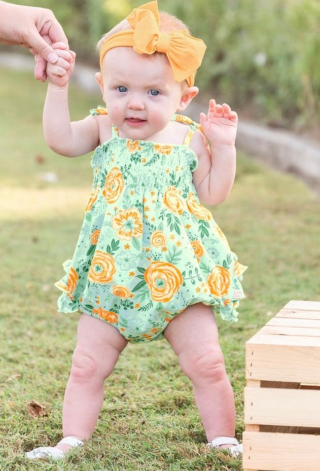 RuffleButts - Cottage Flowers Smocked Bubble Romper