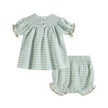 Load image into Gallery viewer, Sage Green Plaid Pumpkin Smocked Top and Bloomer Set - Lil Cactus
