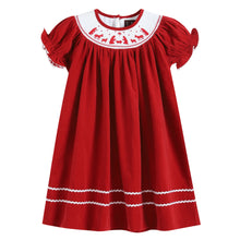 Load image into Gallery viewer, Red Corduroy Christmas Nativity Smocked Bishop Dress- Lil Cactus
