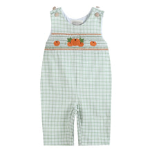 Load image into Gallery viewer, Sage Green Plaid Pumpkin Smocked Overalls - Lil Cactus
