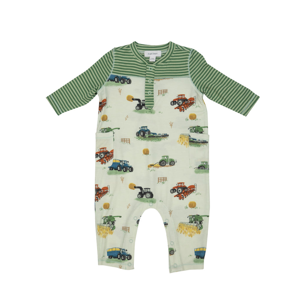 Farm Machines Bamboo Romper with Contrast Green Sleeve Angel Dear