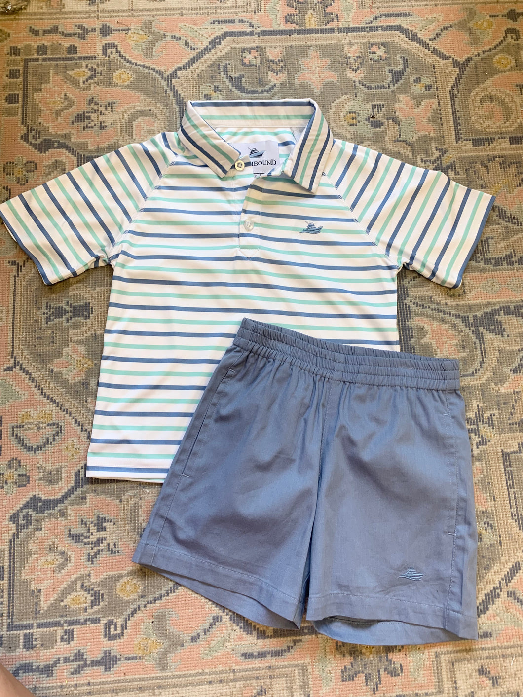 Boy's Polo- White, Allure Blue, and Seafoam Stripe