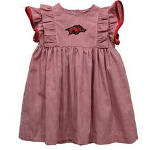 Load image into Gallery viewer, Arkansas Razorbacks Embroidered Red Gingham Ruffle Dress
