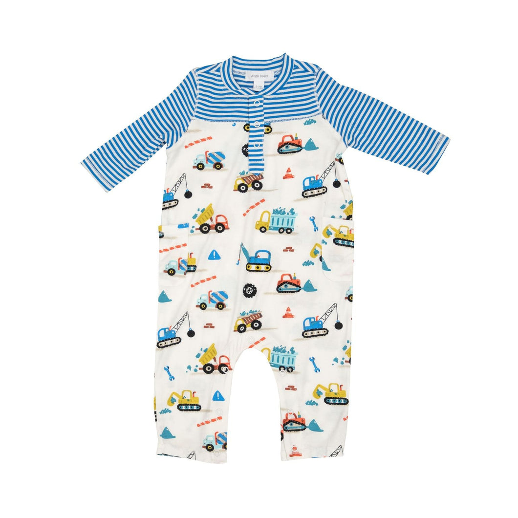 Crayon Construction Trucks Bamboo Romper with Contrast Blue Sleeve Angel Dear