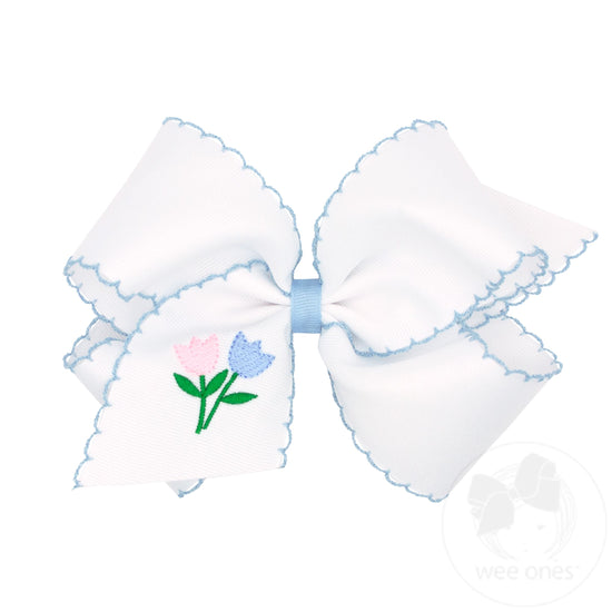 Wee Ones -  King White Grosgrain Girls Hair Bow with Moonstitch - Easter