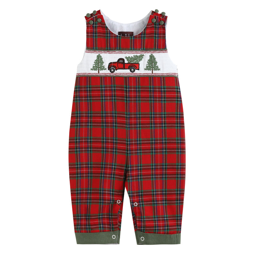 LIL Cactus - Red Plaid Truck & Tree Smocked Overalls