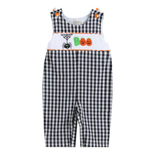 Load image into Gallery viewer, LIL Cactus - Black Gingham Halloween Boo Overalls
