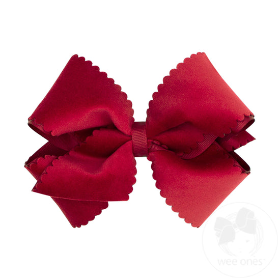 Small King Grosgrain Hair Bow with Scalloped Edge Faux Velvet Overlay - Cranberry
