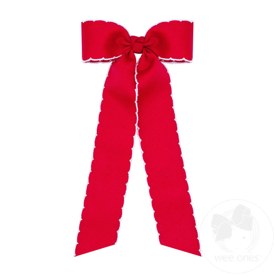 Medium Grosgrain Moonstitch Hair Bowtie with Knot Wrap and Streamer Tails - Red