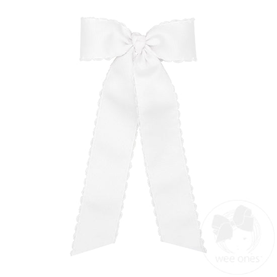 Medium Grosgrain Moonstitch Hair Bowtie with Knot Wrap and Streamer Tails - White