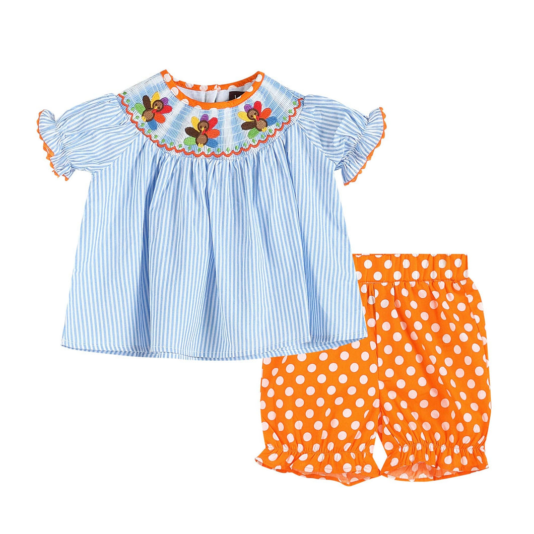 LIL Cactus - Stripe Turkey Smocked Top & Orange Bloomers