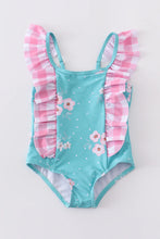 Load image into Gallery viewer, Blue Floral Ruffle Plaid Swimsuit
