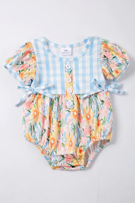 Blue Plaid Floral Ruffle Baby Romper