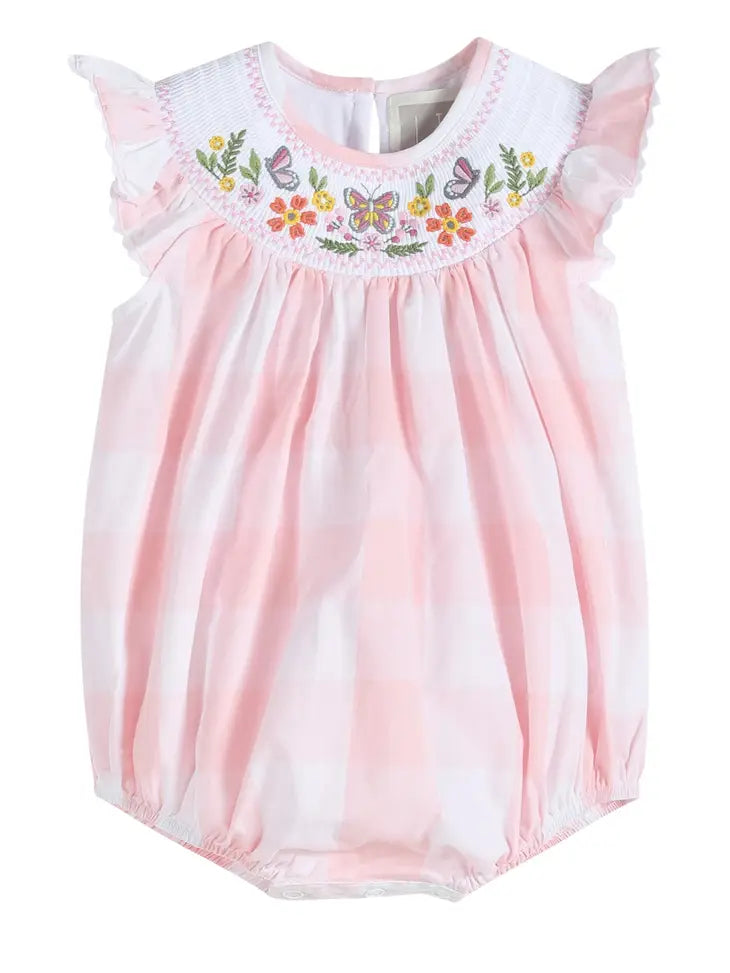 Large Pink Check Butterfly Garden Smocked Romper