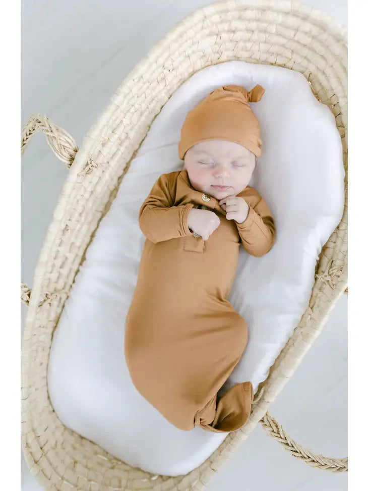 Knotted Baby Gown and HAT AND HEADBAND Set (Newborn - 3 mo.) - Camel Brown