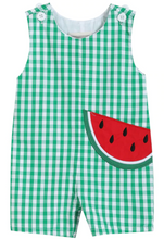 Load image into Gallery viewer, Green Gingham Watermelon Applique Overalls
