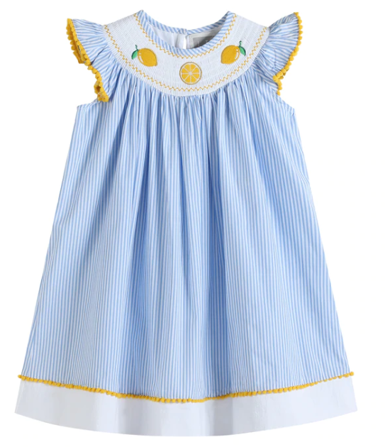 Light Blue Striped Lemon Smocked Bishop Dress