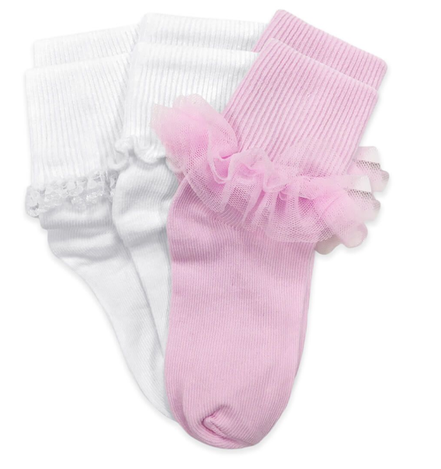 Jefferies Socks Ruffle/Ripple/Lace Turn Cuff Socks 3 Pair Pack - Pink/White