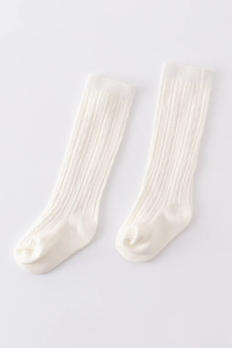White Knee High Cable Knit Sock