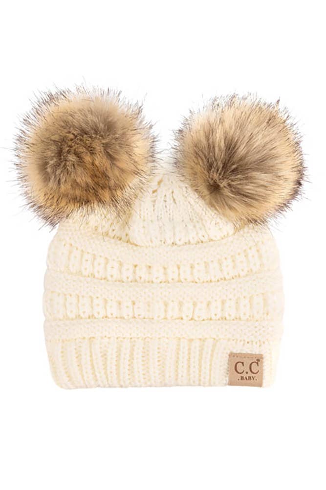 C.C Solid Ribbed Infant Natural Fur Double Pom Pom Beanie