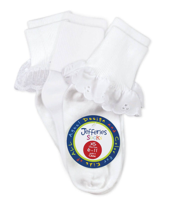 Jefferies Socks Eyelet/Turn Cuff/Lace Turn Cuff Socks 3 Pair Pack - White