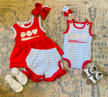 Load image into Gallery viewer, Blue Stripe Baseball Applique Baby Romper

